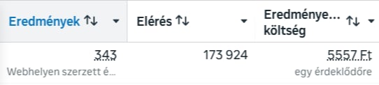 Meta kampányeredmény: 343 webhelyen szerzett érdeklődő, 173 924 elérés és 5557 forintos eredményenkénti költség.