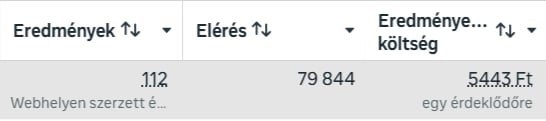 Meta kampányrészlet: 112 webhelyen szerzett érdeklődő, 79 844 elérés és 5443 forintos eredményenkénti költség.